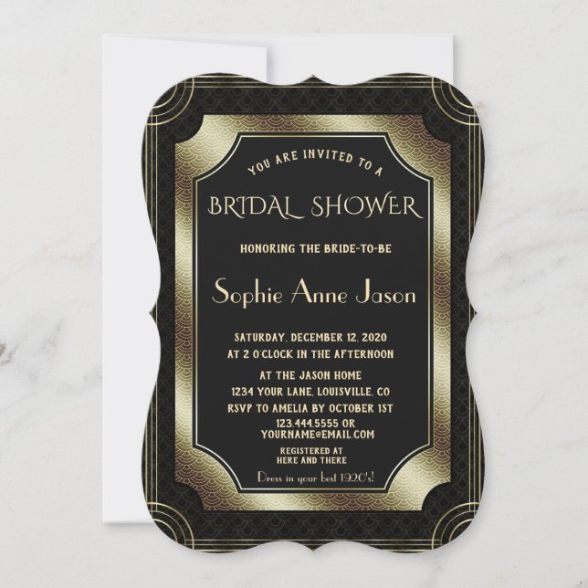 Glam Gold Great Gatsby Art Deco 20s Bridal Shower Invitation (Front)