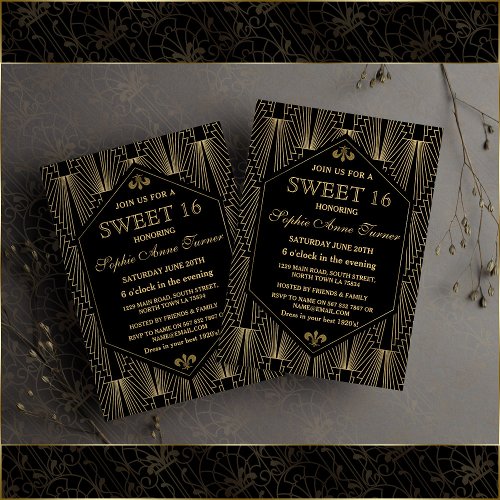 Glam Gold Great Gatsby Art Deco Sweet 16 Party Invitation