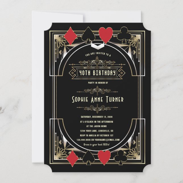 Glam Gold Great Gatsby Casino Night 50 Birthday Invitation (Front)
