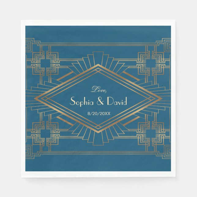 Glam Gold Great Gatsby Ocean Blue Wedding Napkins (Front)