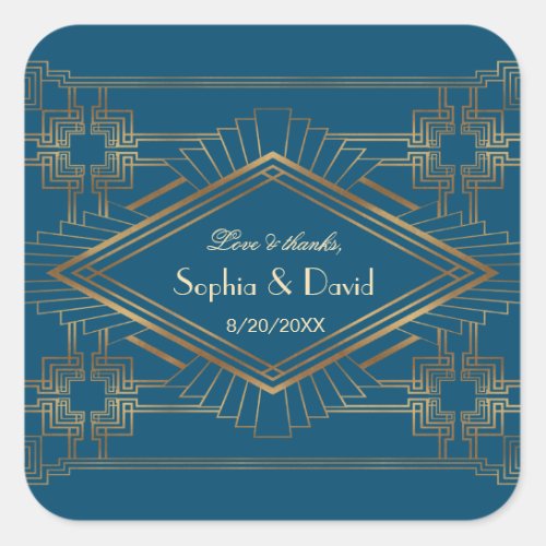 Glam Gold Great Gatsby Ocean Blue Wedding Square Sticker