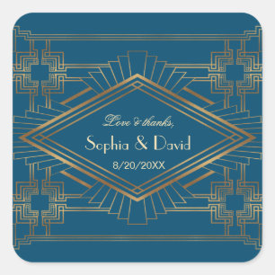 Glam Gold Great Gatsby Ocean Blue Wedding Square Sticker