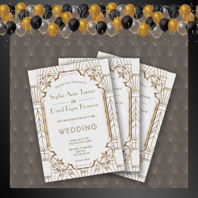 Glam Gold Great Gatsby White Art Deco 20s Wedding Invitation (Creator Uploaded)