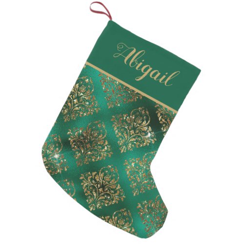 Glam Gold Green Damask Personalized Small Christmas Stocking