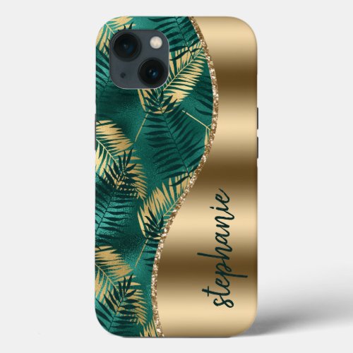 Glam Gold Green Tropical Foliage Pattern Name iPhone 13 Case