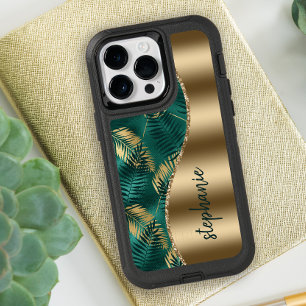 Glam Gold Green Tropical Foliage Pattern Name OtterBox iPhone 14 Pro Max Case