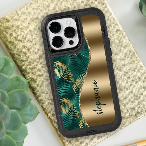 Glam Gold Green Tropical Foliage Pattern Name OtterBox iPhone 14 Pro Max Case