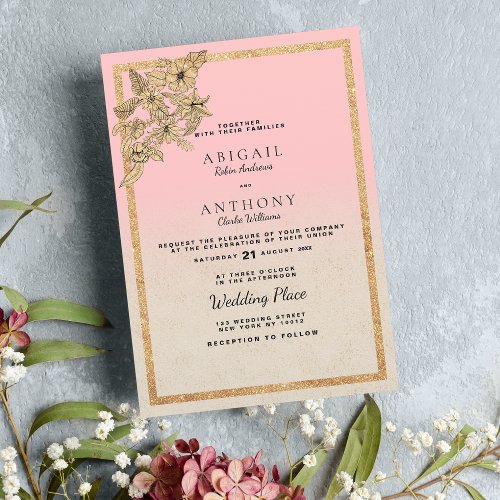 Glam gold ivory pink ombre glitter floral Wedding Invitation
