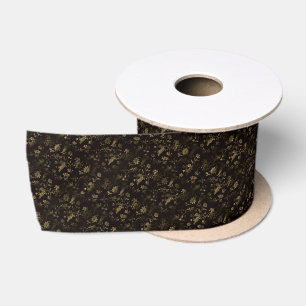 Glam gold leaves pattern brown satin ribbon