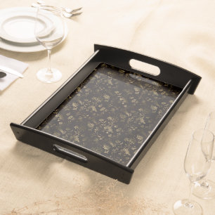 Glam gold leaves pattern brown serving tray