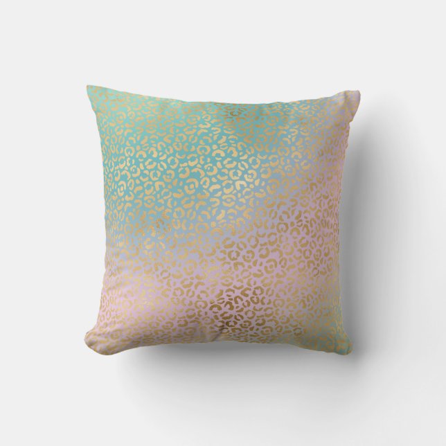 Glam Gold Leopard Print Aqua Pink Tie Dye Throw Pillow (Front)