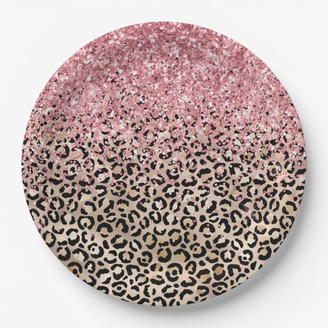 Glam Gold Leopard Print Glitzy Pink Glitter Paper Plates (Front)