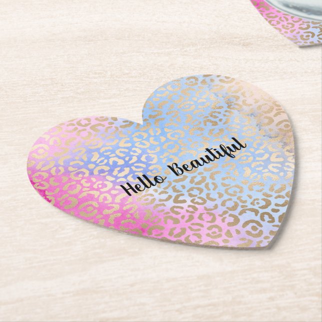 Glam Gold Leopard Print Pink Blue Peach Tie dye Paper Coaster (Angled)
