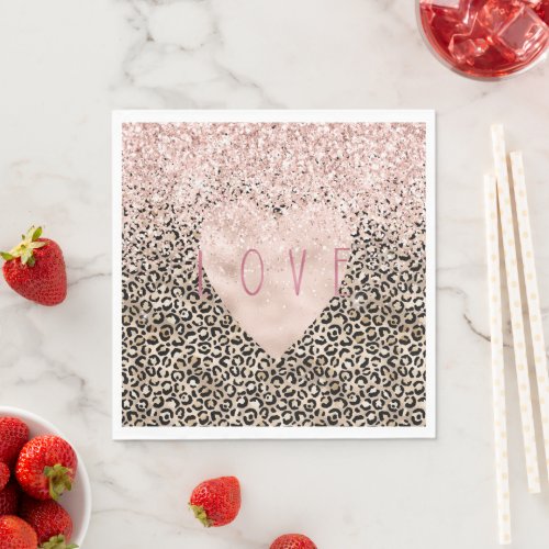 Glam Gold Leopard Print Pink Glitter Love Heart Napkins