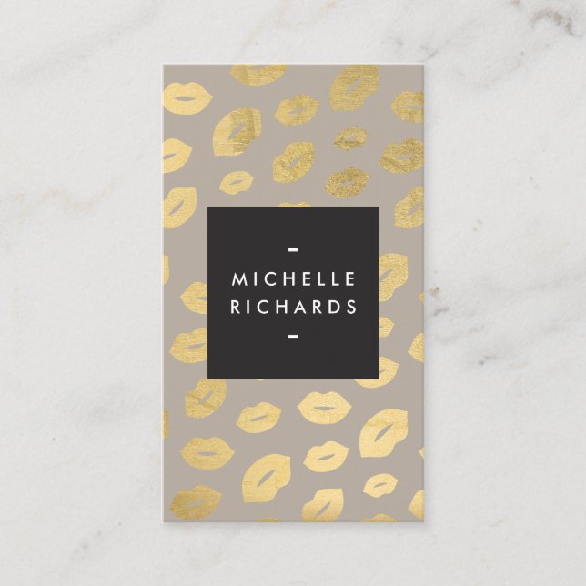 Glam Gold Lip Print Makeup Artist Beauty Gray Business Card (Front)