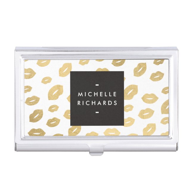 Glam Gold Lip Print Makeup Artist Beauty White Business Card Case (Front)