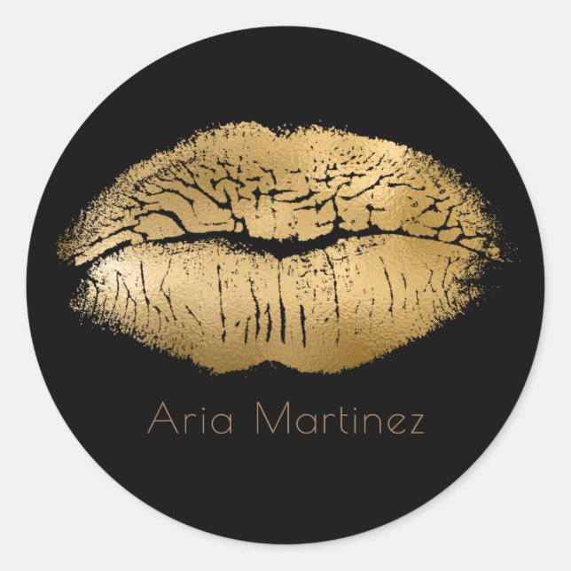 Glam Gold Lips Kiss Black Makeup Personalized Classic Round Sticker (Front)