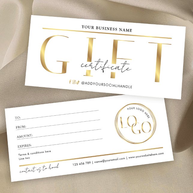 Glam Gold Logo Spa or Salon Gift Certificate (Modern gold effect gift certificate with space for your custom text and logo)