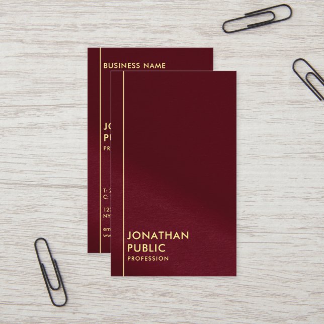 Glam Gold Look Text Template Burgundy Red Luxury Business Card (Front/Back In Situ)