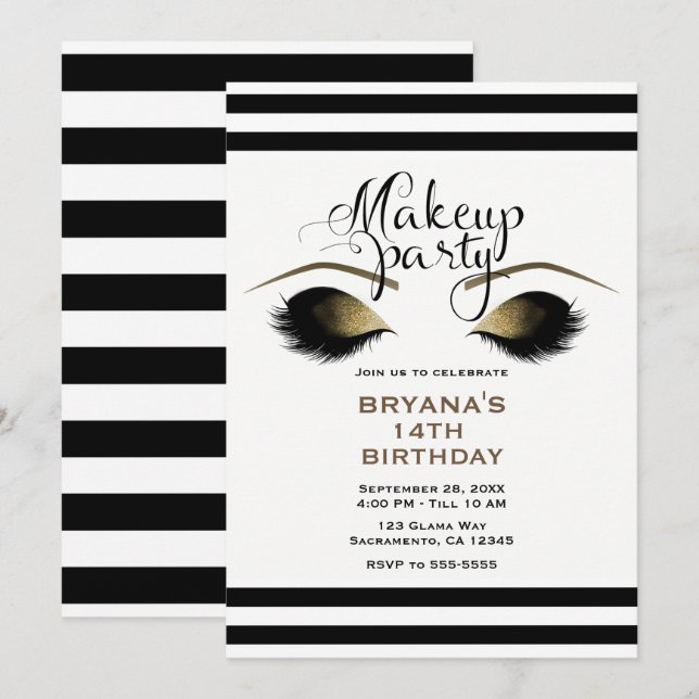 Glam Gold Makeup Eyelashes Beauty Custom Party Invitation (Front/Back)