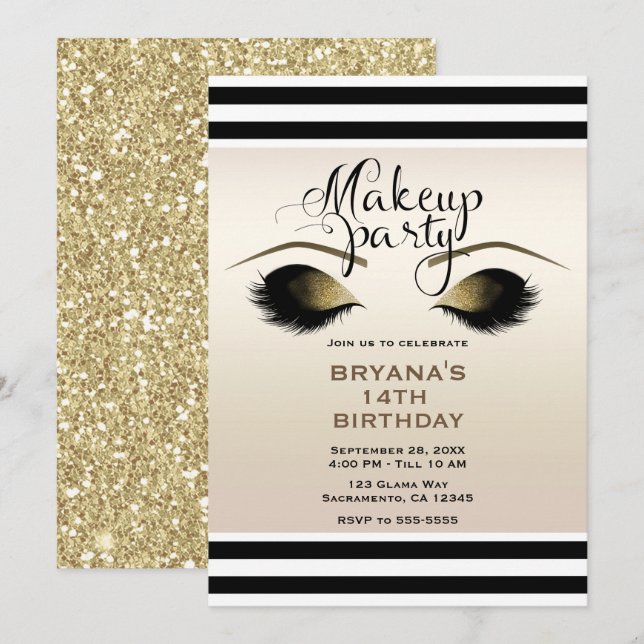 Glam Gold Makeup Eyelashes Beauty Custom Party Invitation (Front/Back)