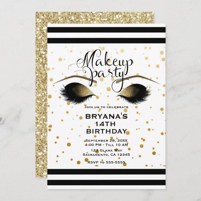 Glam Gold Makeup Eyelashes Beauty Dots Party Invitation (Front/Back)