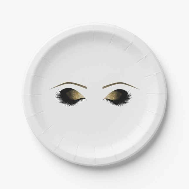 Glam Gold Makeup Eyelashes Personalized Beauty Paper Plates (Front)