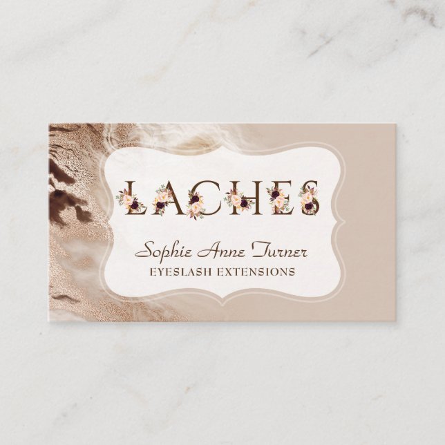 Glam Gold Marble Floral Letter EyeLash Extensions Business Card (Front)