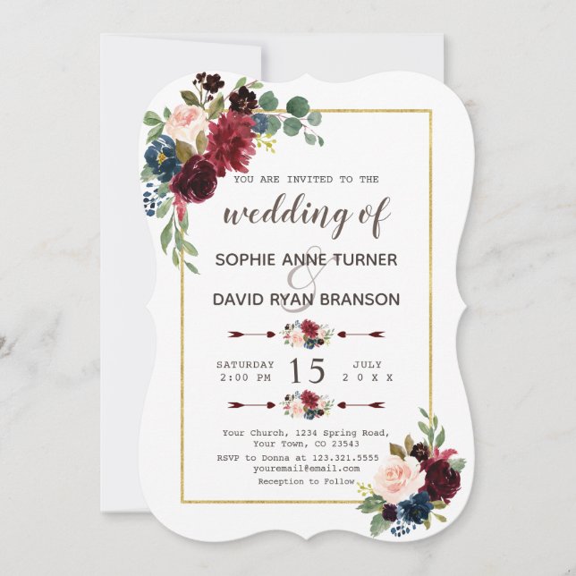 Glam Gold Merlot Navy Blue Floral Wedding Invitation (Front)