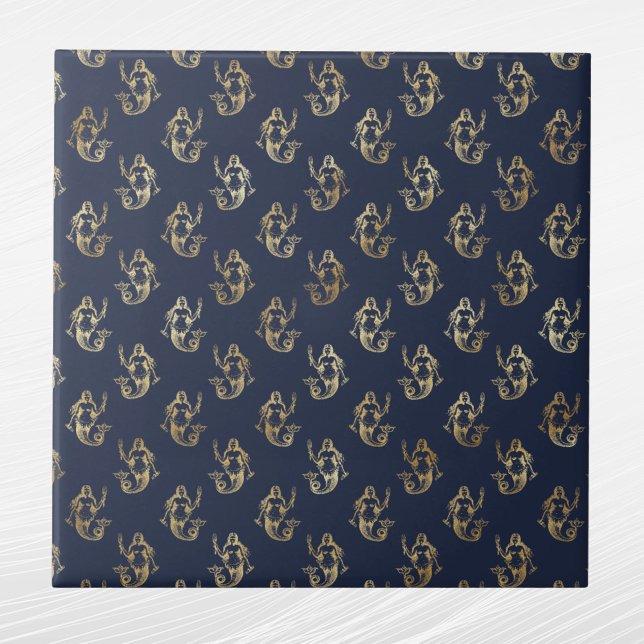 Glam Gold Mermaid Navy Blue Ceramic Tile (Creator Uploaded)