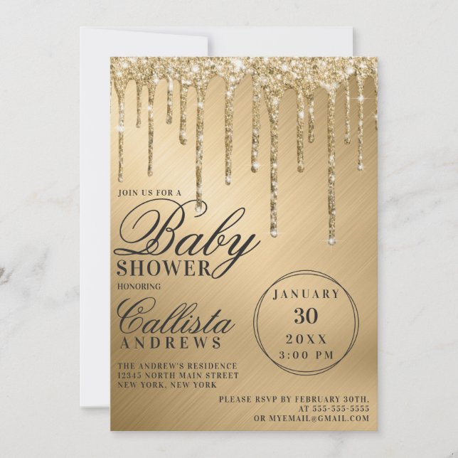 Glam Gold Metallic Glitter Drips Baby Shower Invitation (Front)