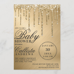 Glam Gold Metallic Glitter Drips Baby Shower Invitation