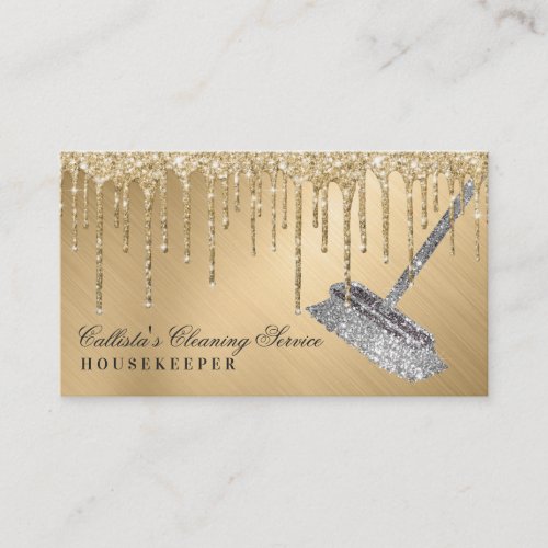 Glam Gold Metallic Glitter Drips Cleaning Service Business Card