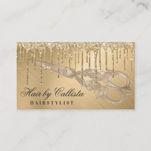 Glam Gold Metallic Glitter Drips Hair Scissors Business Card