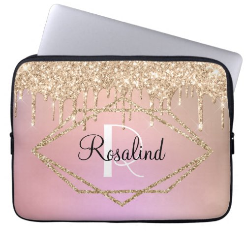 Glam Gold Modern Glitter Sparkle Drips Laptop Sleeve