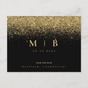 Glam Gold Monogram Black Save the Date  Announcement Postcard