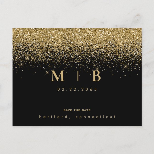 Glam Gold Monogram Black Save the Date  Announcement Postcard (Front)