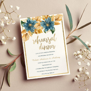 Glam gold navy blue green floral Rehearsal Dinner Invitation