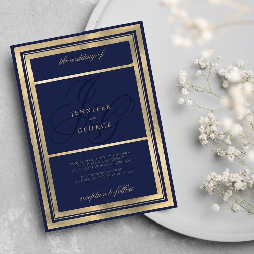 Glam gold navy blue monogram initials wedding invitation
