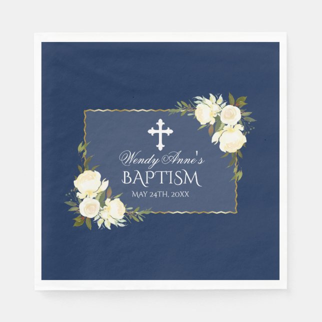 Glam Gold Navy Blue White Floral Baptism Invite Napkins (Front)