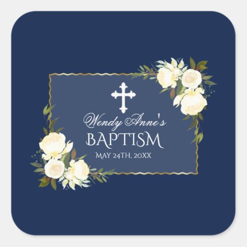 Glam Gold Navy Blue White Floral Baptism Invite Square Sticker