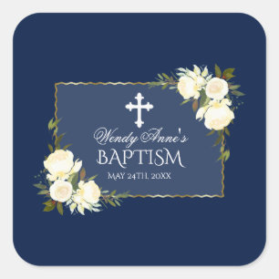 Glam Gold Navy Blue White Floral Baptism Invite Square Sticker