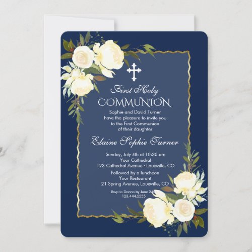 Glam Gold Navy Blue White Floral First Communion Invitation