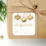 Glam Gold Ornaments Merry Christmas To From Square Sticker<br><div class="desc">This glam holiday gift sticker features a trio of faux gold foil and glitter ornaments, with a sprinkling of gold faux glitter in the background. The words "Merry Christmas" appear in elegant gold faux foil calligraphy script, along with "TO" and "FROM" in gold-colored sans serif font on a white background....</div>