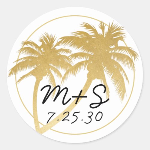 Glam Gold Palm Tree Beach Wedding Monogram Classic Round Sticker