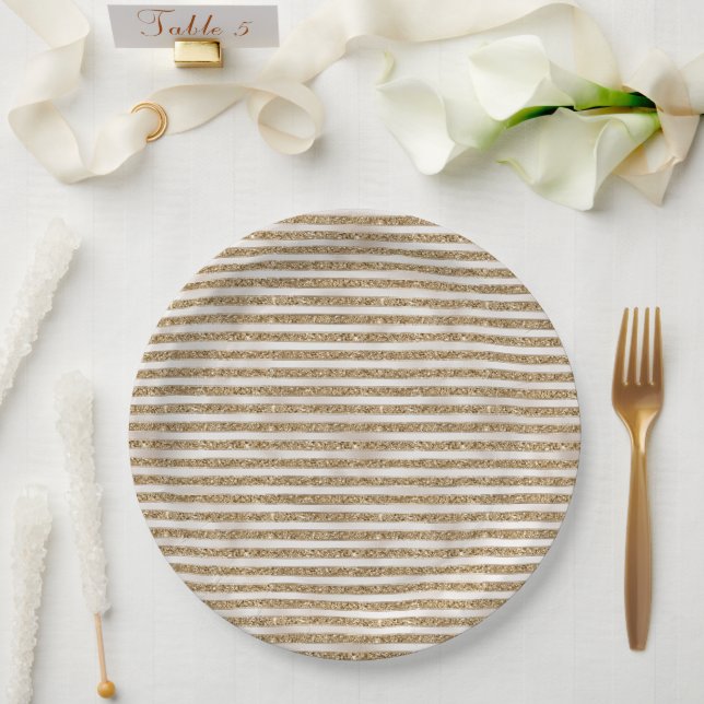 Glam Gold Pearl Stripes Paper Plates (Wedding)