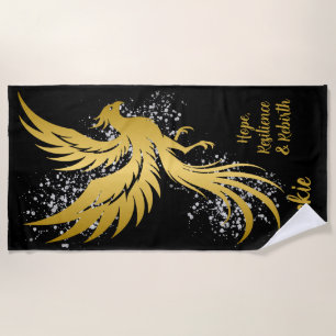 Glam Gold Phoenix Silver Glitter Monogram Black   Beach Towel