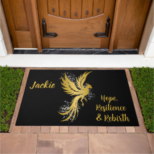 Glam Gold Phoenix Silver Glitter Monogram Black Doormat