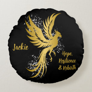 Glam Gold Phoenix Silver Glitter Monogram Black Round Pillow