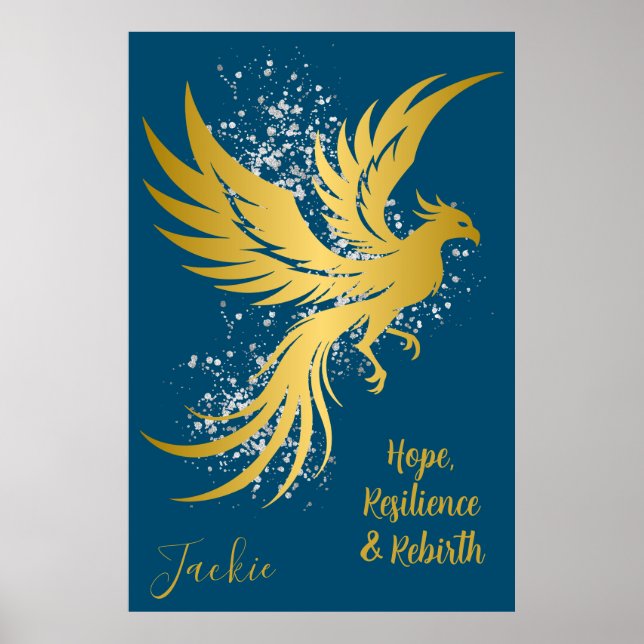 Glam Gold Phoenix Silver Glitter Monogram Blue | Poster (Front)